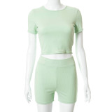 New solid color round neck short-sleeved T-shirt slim sports shorts suit R21ST211