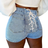 Solid color buckle back strap stretch slim denim shorts A21PT254