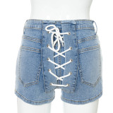 Solid color buckle back strap stretch slim denim shorts A21PT254