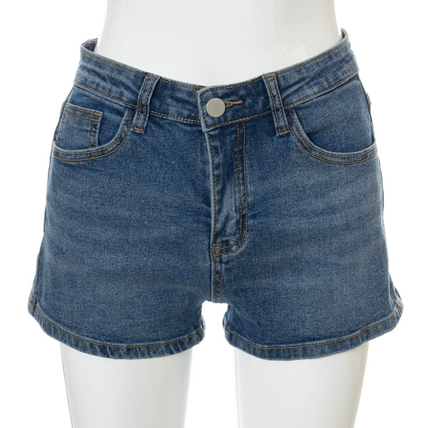 Solid color buckle back strap stretch slim denim shorts A21PT254