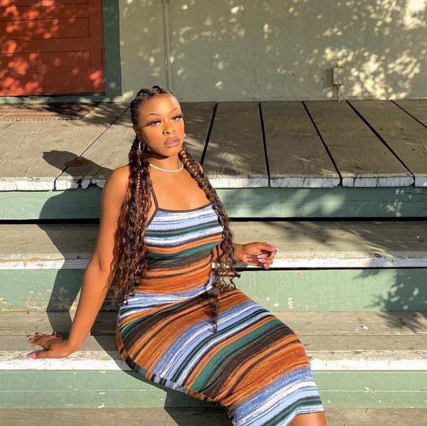 Contrast stripe print suspender halter midi dress M21DS308