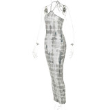 Fashion printed halterneck lace sexy backless dress  D155193K