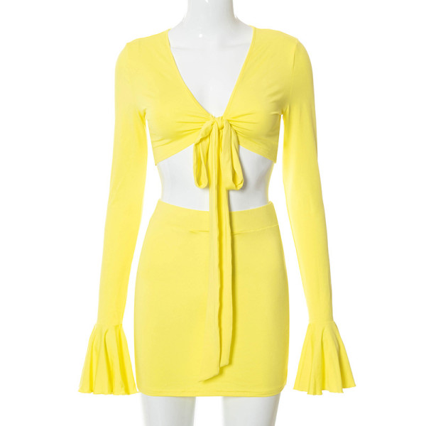 Solid color V-neck flared sleeves lace-up umbilical bag hip skirt suit R21ST235