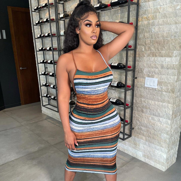 Contrast stripe print suspender halter midi dress M21DS308