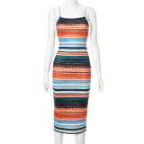 Contrast stripe print suspender halter midi dress M21DS308