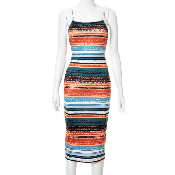 Contrast stripe print suspender halter midi dress M21DS308