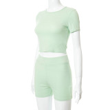 New solid color round neck short-sleeved T-shirt slim sports shorts suit R21ST211