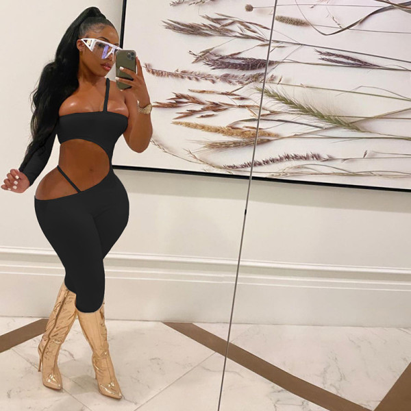 Sexy hollow open back one-shoulder high waist tight-fitting casual sports jumpsuit  K21Q03184