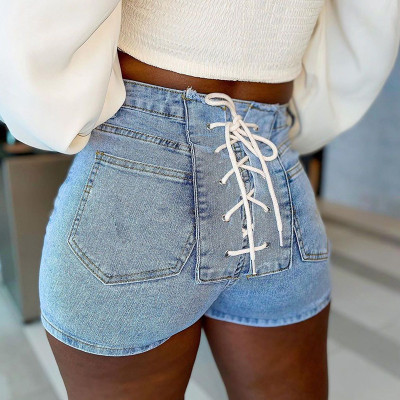 Solid color buckle back strap stretch slim denim shorts A21PT254