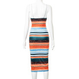 Contrast stripe print suspender halter midi dress M21DS308