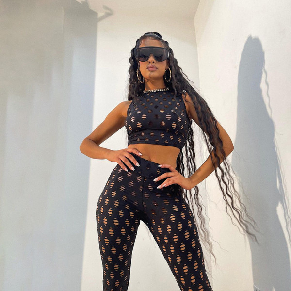 Sexy Hollow Breathable High Waist Slim Sports Fitness Set  K21S03172