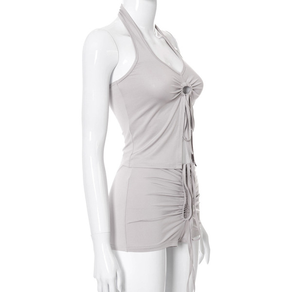 New solid color halter neck tie tie T-shirt tight shorts casual suit K21ST282