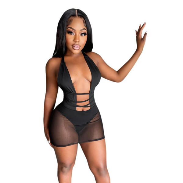 Solid color mesh stitching halter neck lace see-through dress X21DS222