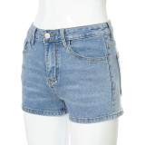 Solid color buckle back strap stretch slim denim shorts A21PT254