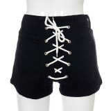 Solid color buckle back strap stretch slim denim shorts A21PT254