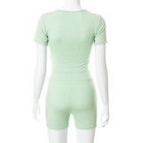 New solid color round neck short-sleeved T-shirt slim sports shorts suit R21ST211