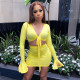 Solid color V-neck flared sleeves lace-up umbilical bag hip skirt suit R21ST235