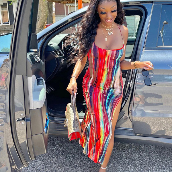 Sexy Halter Print Slit Sling Dress  D145001G