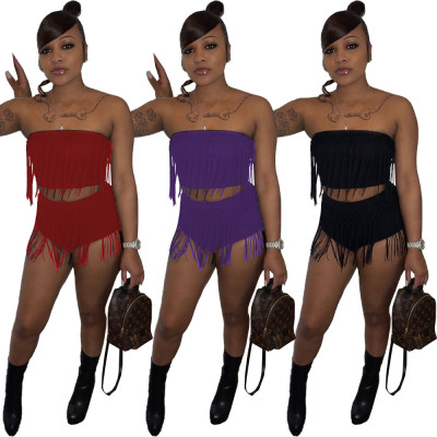 Fringed tube top swimsuit style two-piece suit LY034