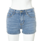 Solid color buckle back strap stretch slim denim shorts A21PT254