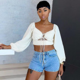 Solid color buckle back strap stretch slim denim shorts A21PT254