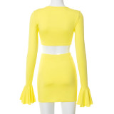 Solid color V-neck flared sleeves lace-up umbilical bag hip skirt suit R21ST235
