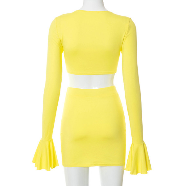 Solid color V-neck flared sleeves lace-up umbilical bag hip skirt suit R21ST235