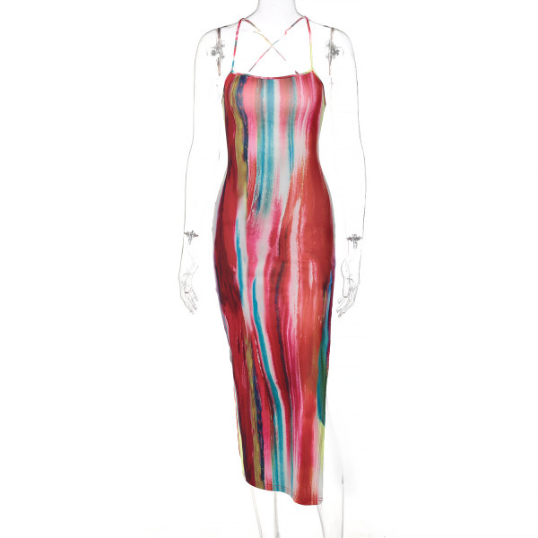 Sexy Halter Print Slit Sling Dress  D145001G