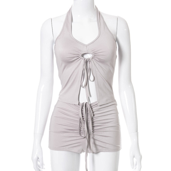 New solid color halter neck tie tie T-shirt tight shorts casual suit K21ST282