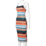 Contrast stripe print suspender halter midi dress M21DS308