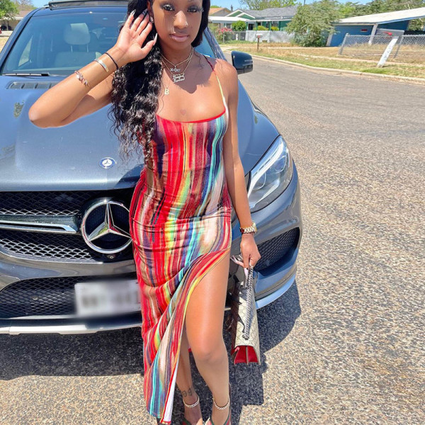 Sexy Halter Print Slit Sling Dress  D145001G