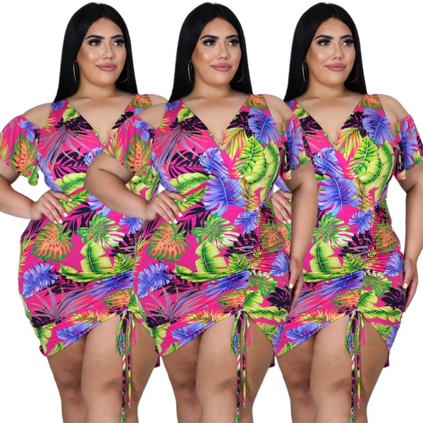 V-neck hollow off-the-shoulder smocked print dress AP7035