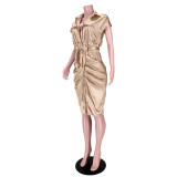 Reflective silk pleated tie shirt dress GL6393