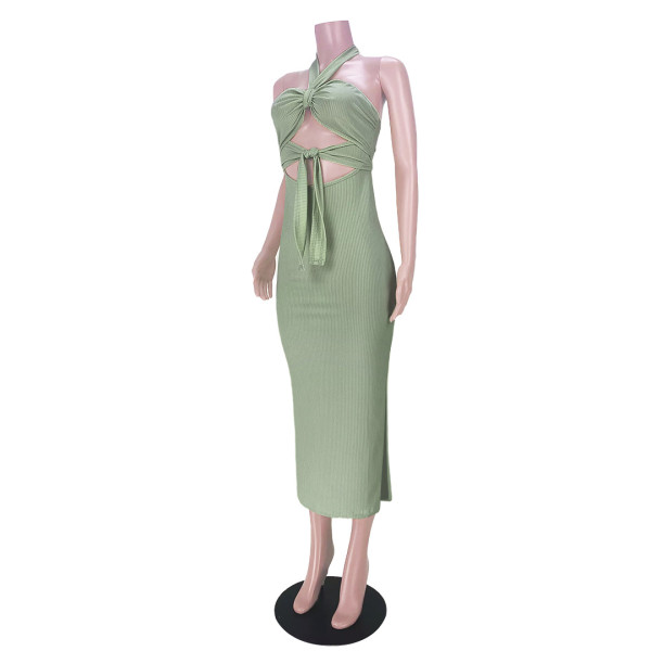 Pure color hang strip sexy halter neck strap halter dress GL6386 