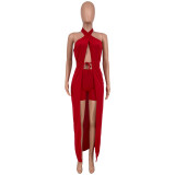 Lace-up halter one-piece cloak solid color two-piece suit BK001