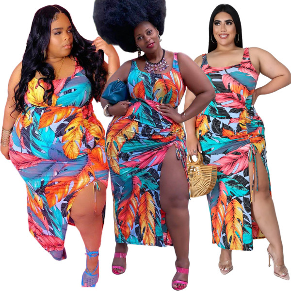 Fashion printed pleated slit dress AP7033