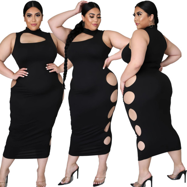 Oversized women's dress irregular hole solid color dress HY001