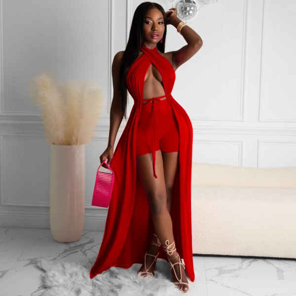 Lace-up halter one-piece cloak solid color two-piece suit BK001