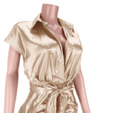 Reflective silk pleated tie shirt dress GL6393