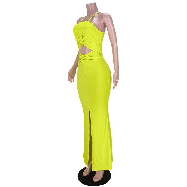 Pure color sexy hollow slit and knotted zipper dress GL6392