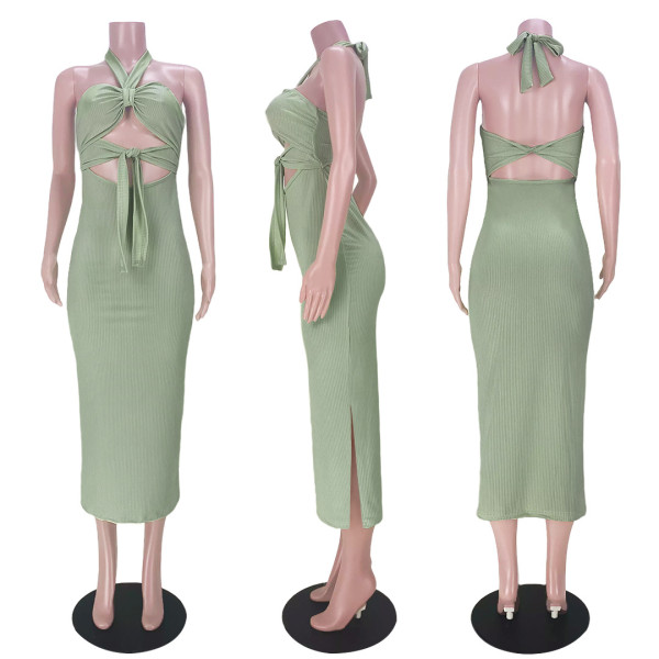 Pure color hang strip sexy halter neck strap halter dress GL6386 