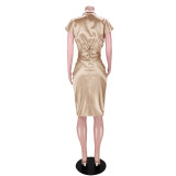 Reflective silk pleated tie shirt dress GL6393