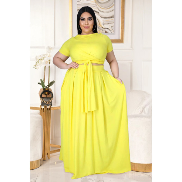 Two-piece solid color cross-tie skirt with big swing AP7025