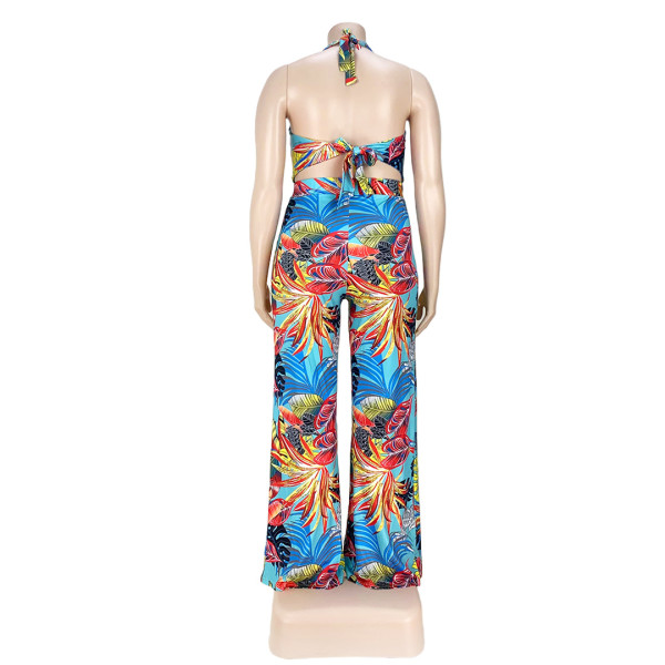 Printed tie V-neck fake two-piece wide-leg jumpsuit AP7037
