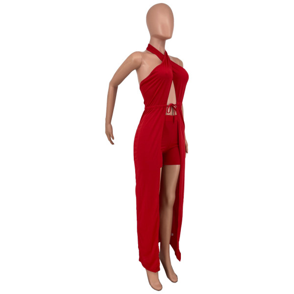 Lace-up halter one-piece cloak solid color two-piece suit BK001
