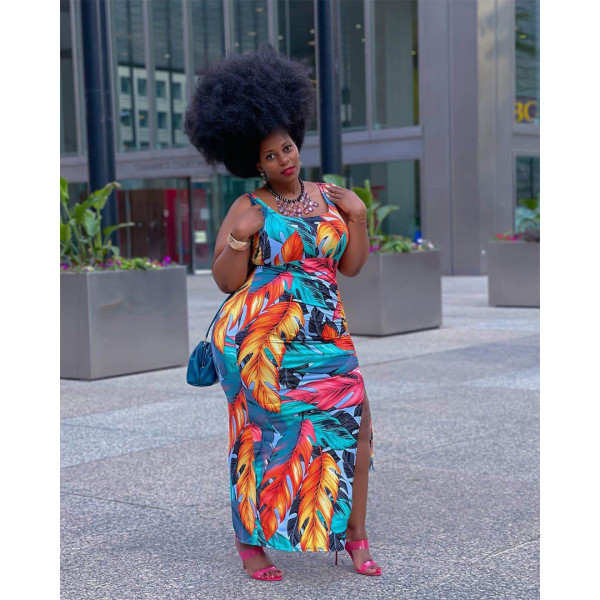 Fashion printed pleated slit dress AP7033