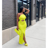 Pure color sexy hollow slit and knotted zipper dress GL6392