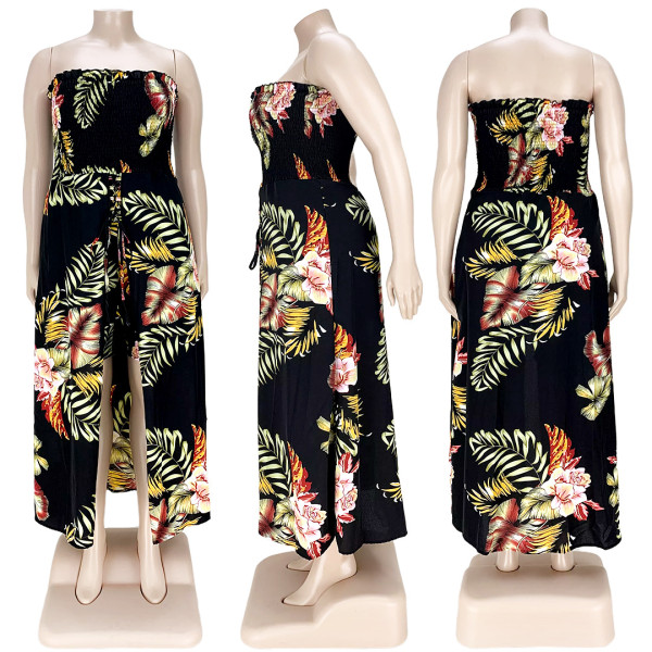 Flower slit strap stretch stretch jumpsuit AP7036