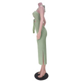 Pure color hang strip sexy halter neck strap halter dress GL6386 