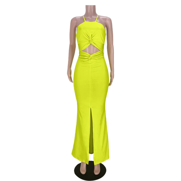 Pure color sexy hollow slit and knotted zipper dress GL6392